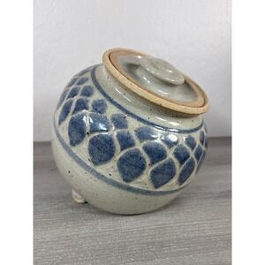 Studio Pottery Lidded Tilted Candy Jar Blue Stoneware Signed Artist Monogram